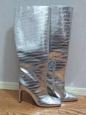 Zara Metallic Silver Knee High Boots